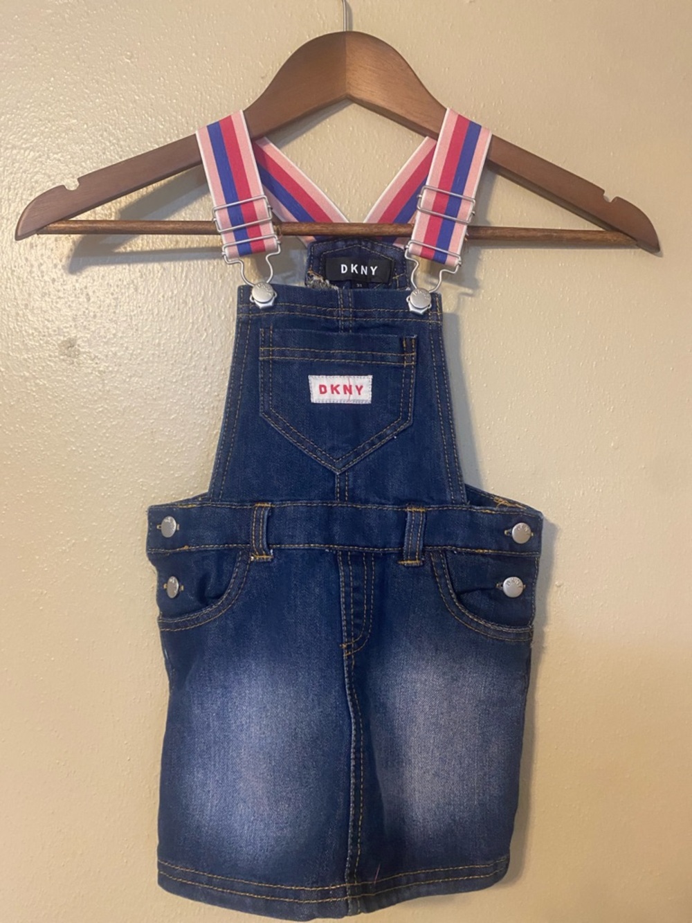 DKNY ToddlerDark Blue Denim Overall Dress with Pink and Blue Stripe Suspenders
